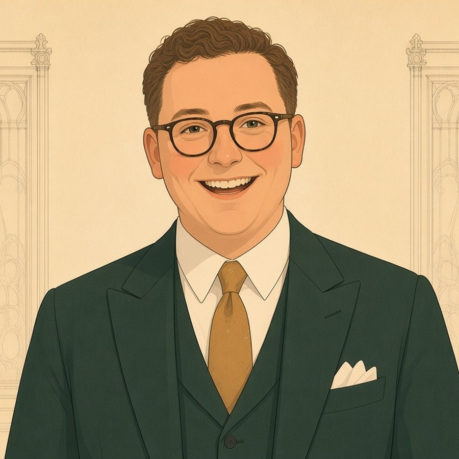 Drawing of Gavin in a green three-piece suit and gold tie
