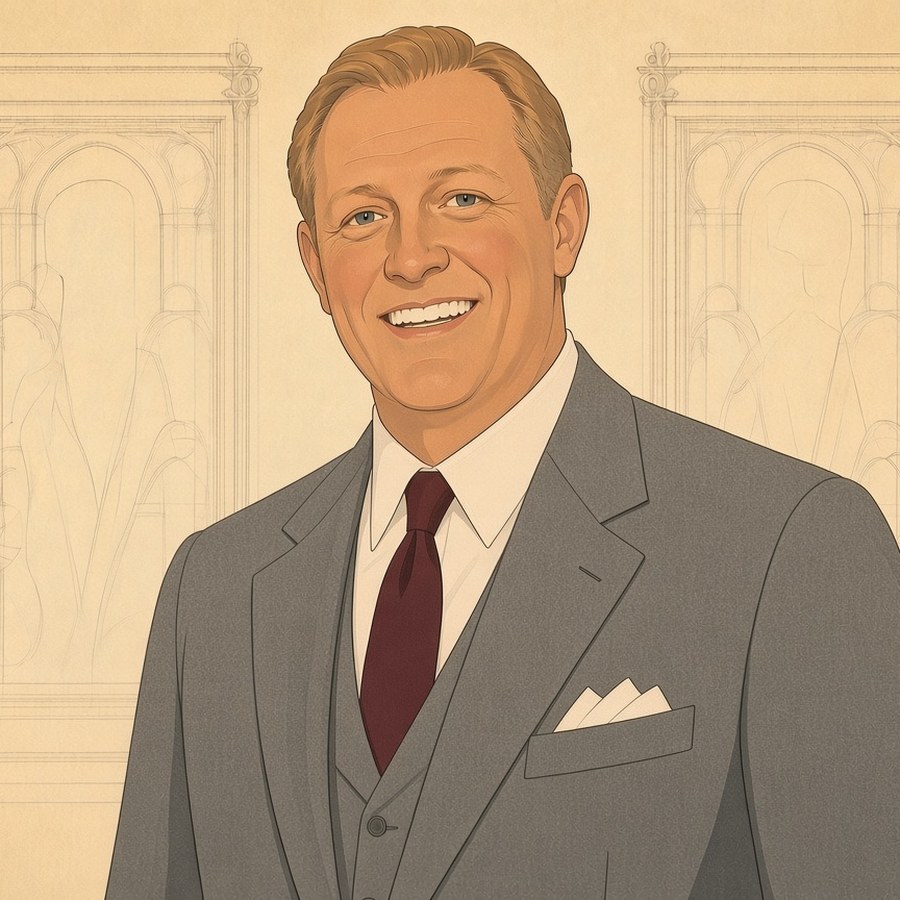 Drawing of JD in a grey three-piece suit and burgundy tie