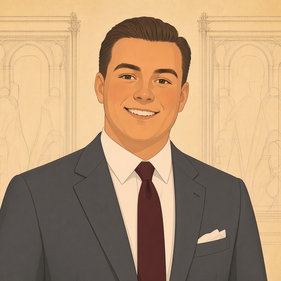 Drawing of JJ in a navy three-piece suit and gold tie