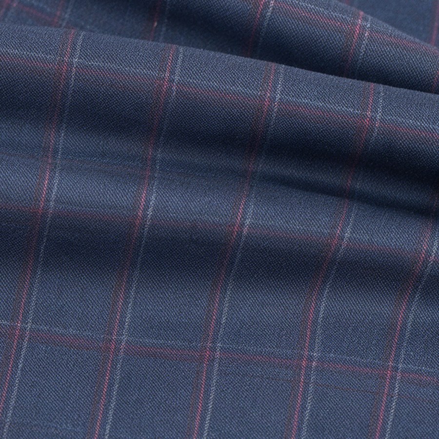 Navy wool swatch with a burgundy windowpane check