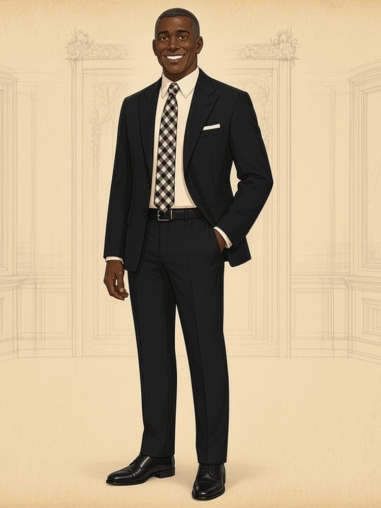 Drawing of a man in a black suit, standing