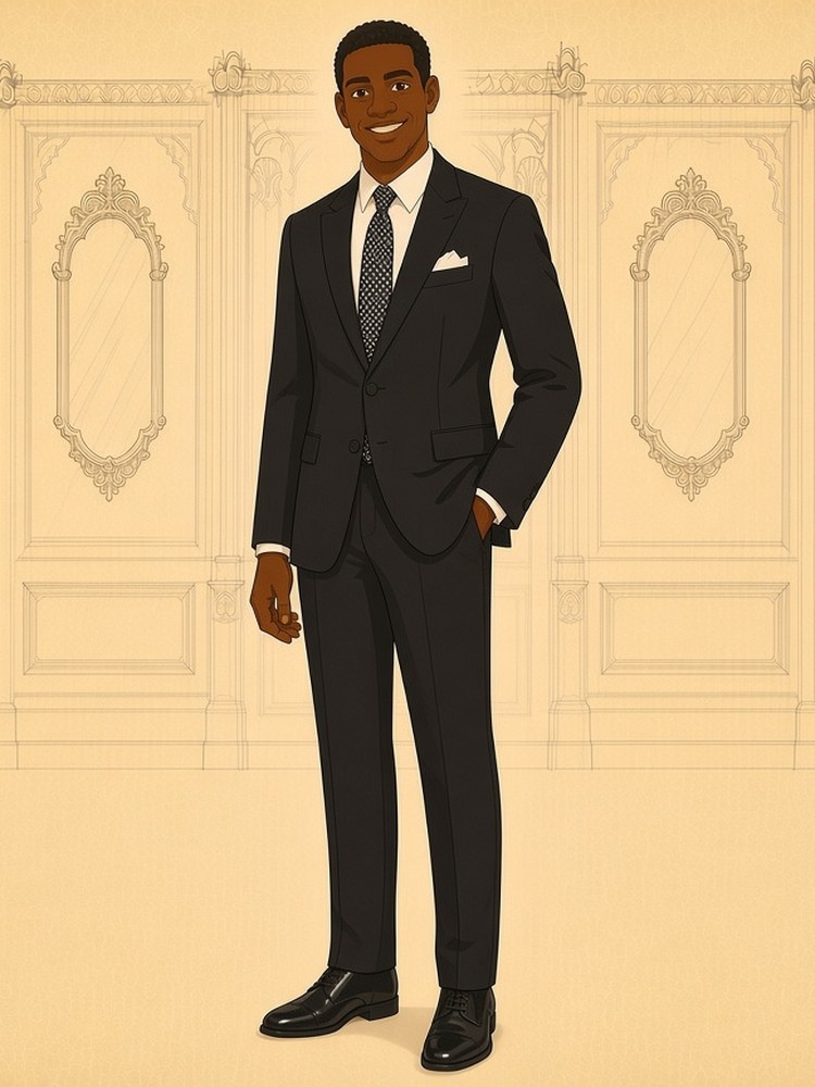 Drawing of a man in a black suit, standing