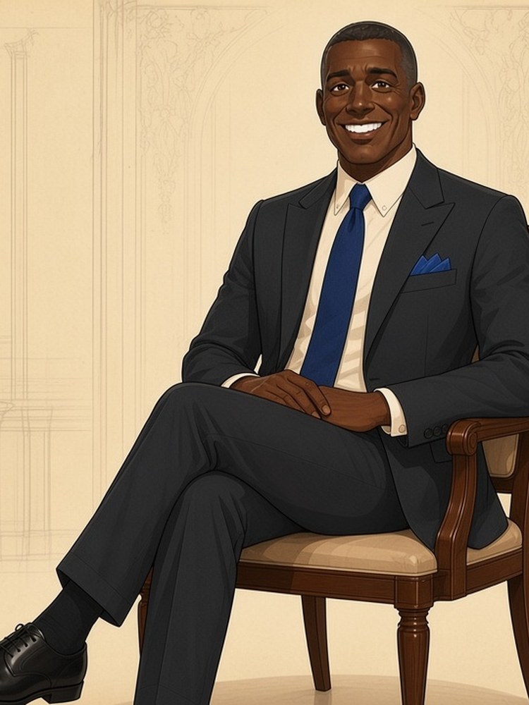 Drawing of a man in a charcoal grey suit, seated