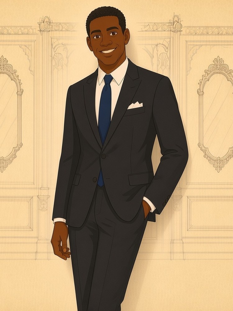 Drawing of a man in a charcoal grey suit
