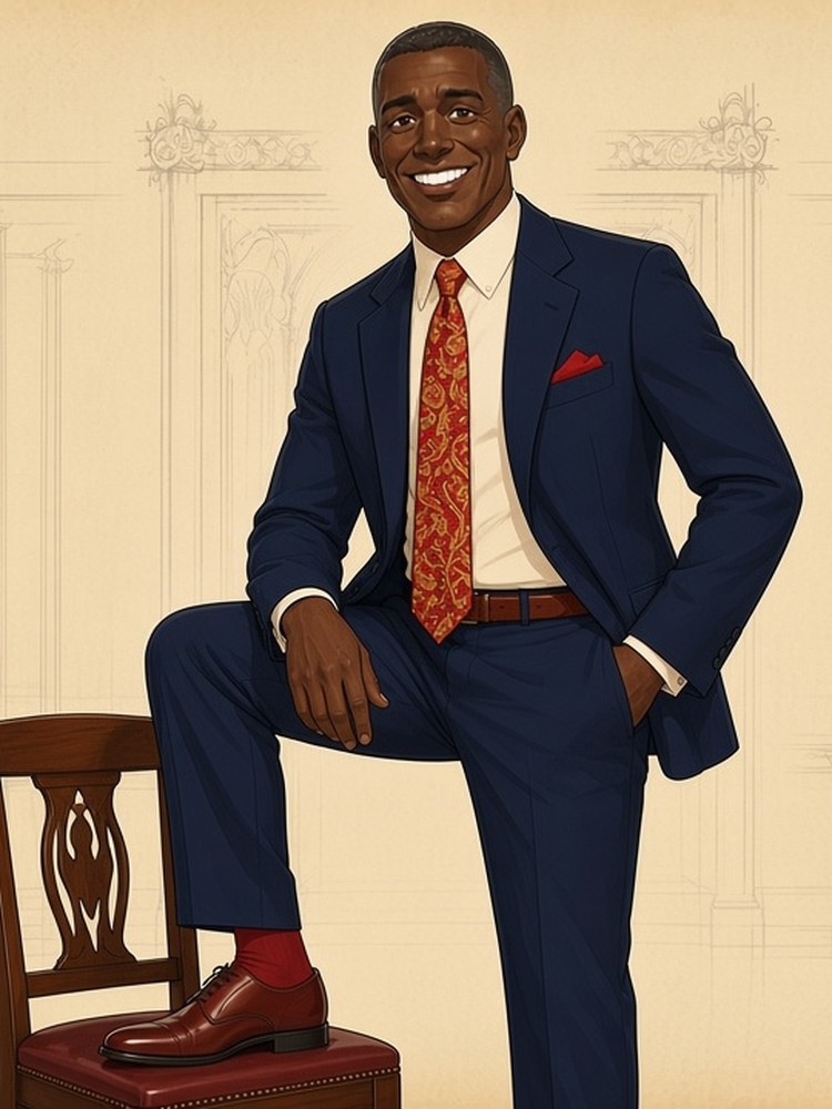 Drawing of a man in a navy suit with one foot up on a chair