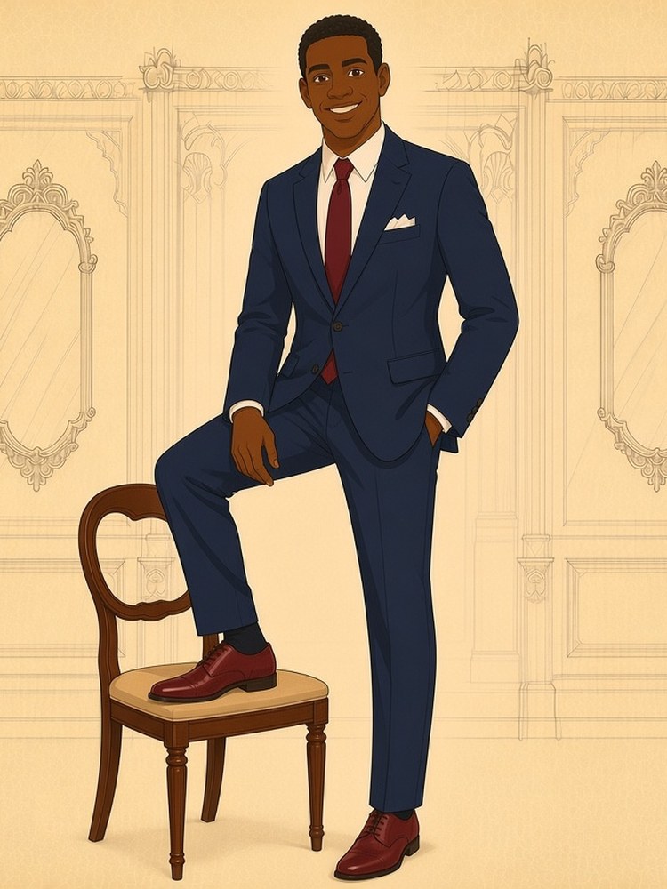 Drawing of a man in a navy suit with one foot up on a chair