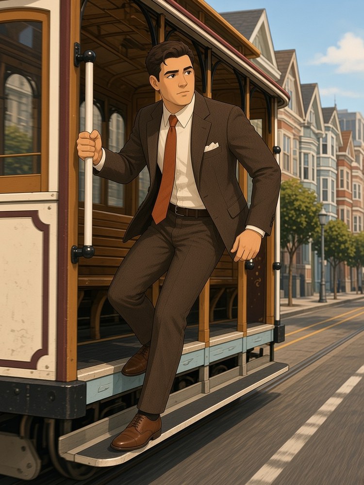 Drawing of a man in a brown suit stepping off a cable car