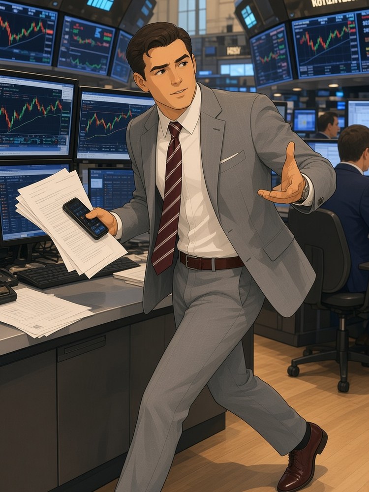 Drawing of a man in a light grey suit on a trading floor