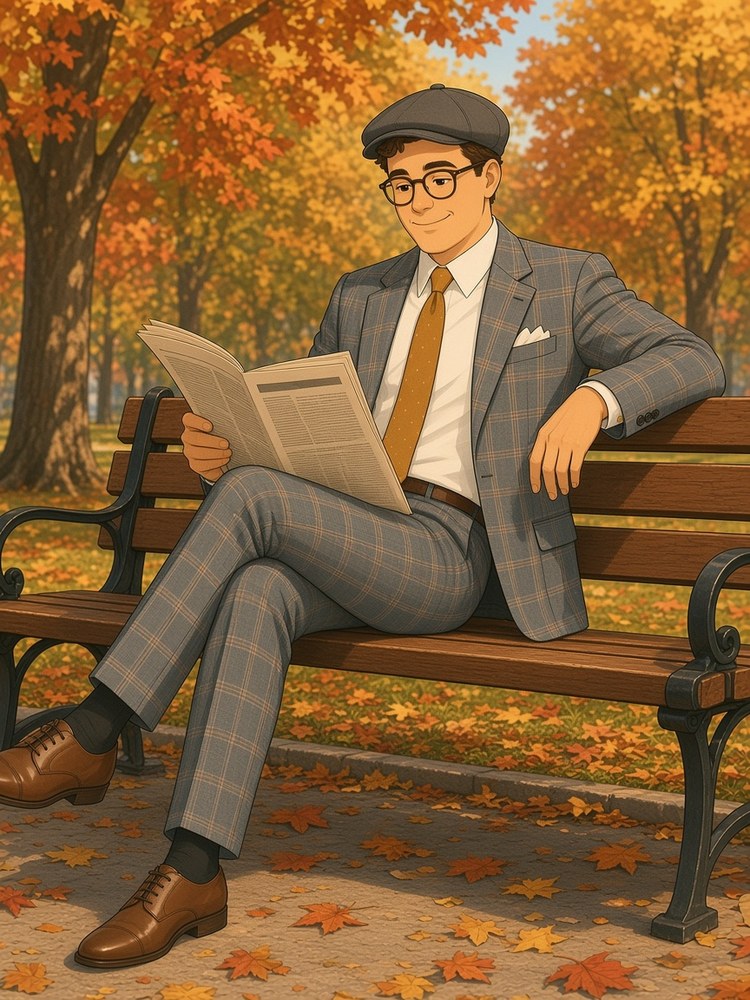 Drawing of a man in a grey windowpane suit reading a newspaper on a park bench