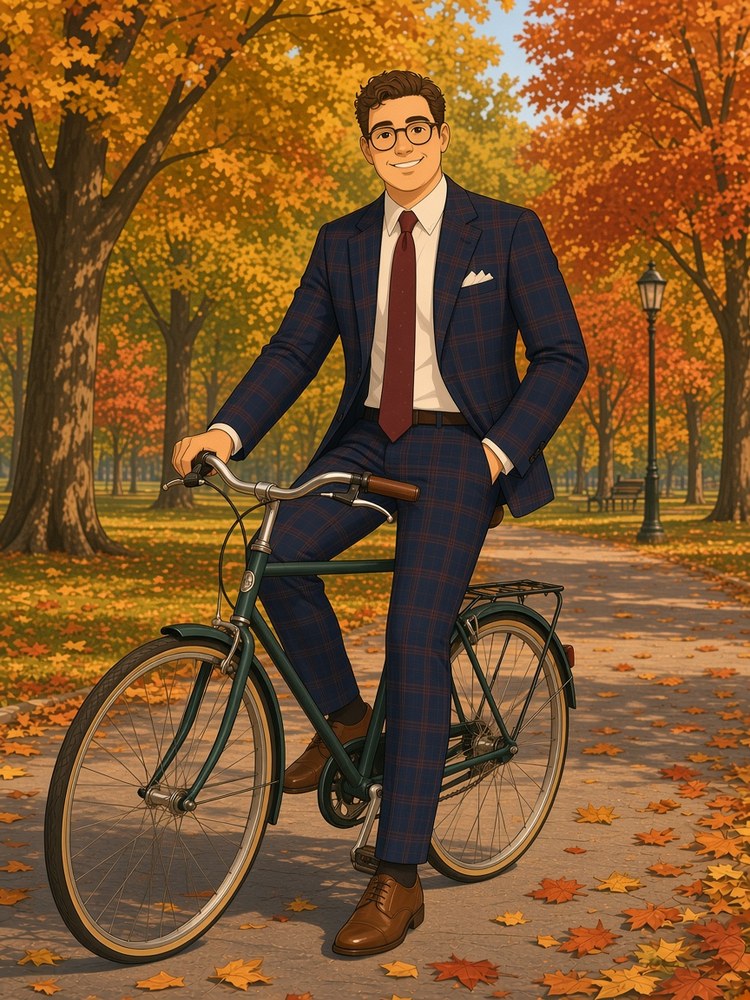 Drawing of a man in a navy and rust plaid suit standing with a bicycle under autumn trees