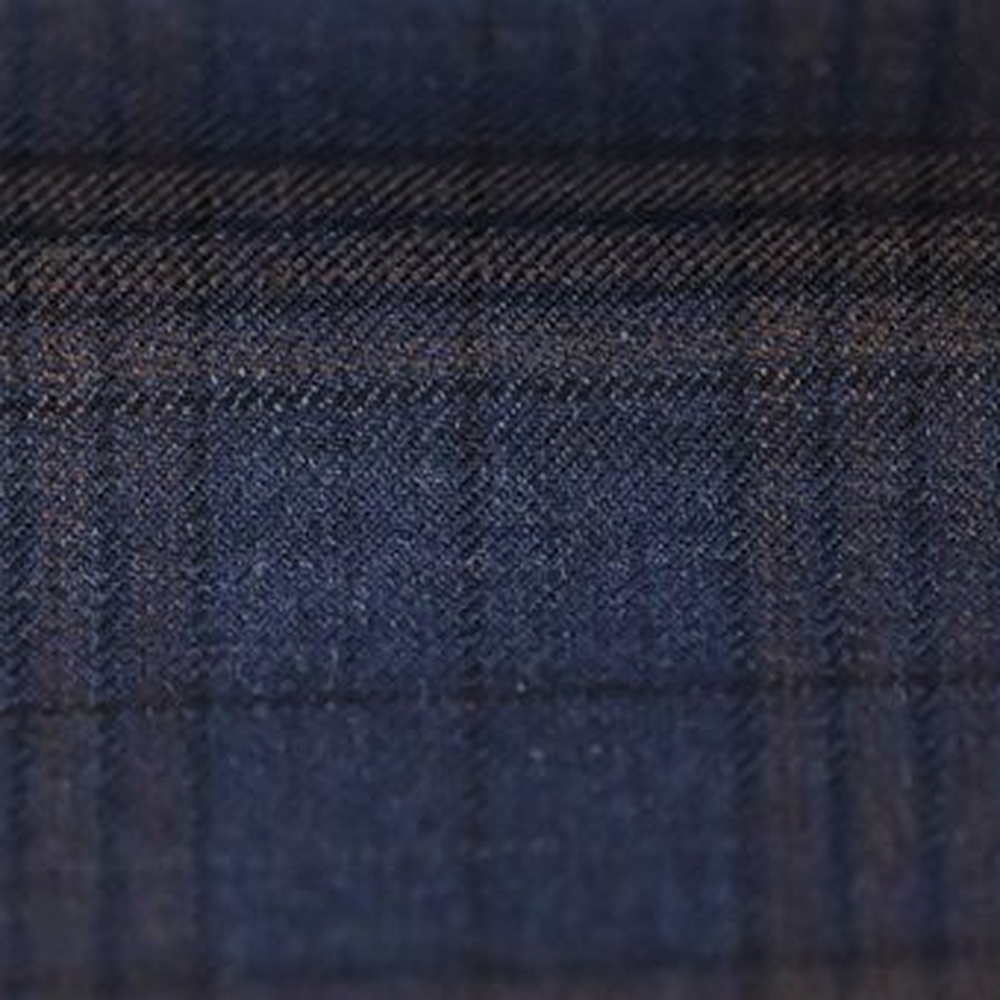 Navy wool swatch with a rust and brown plaid
