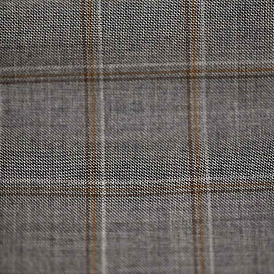 Grey wool swatch with a brown windowpane check