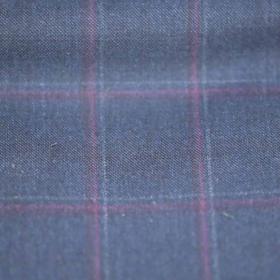 Navy wool swatch with a burgundy windowpane check